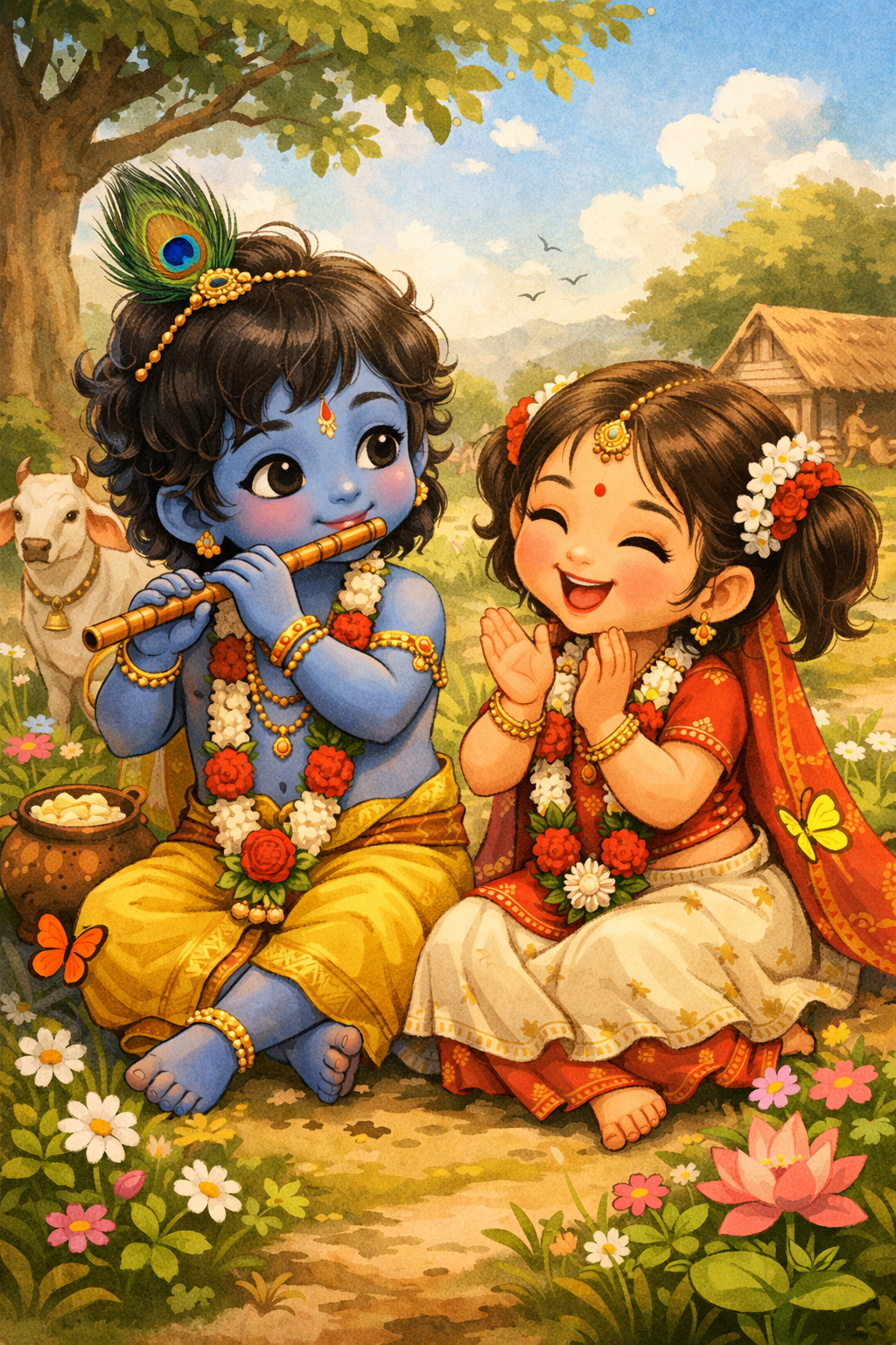 Cute little child Radha and Krishna playing together in Vrindavan village with cows and butterflies